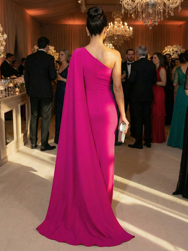 One Shoulder Sheath Chiffon Drape Floor-Length Evening Dresses with Appliques
