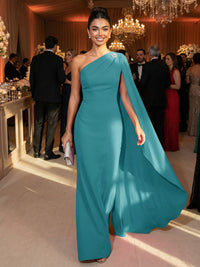 One Shoulder Sheath Chiffon Drape Floor-Length Evening Dresses with Appliques
