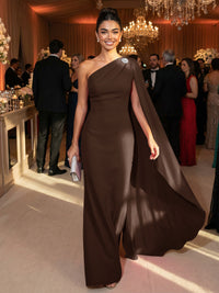 One Shoulder Sheath Chiffon Drape Floor-Length Evening Dresses with Appliques