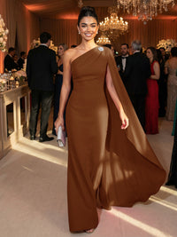 One Shoulder Sheath Chiffon Drape Floor-Length Evening Dresses with Appliques