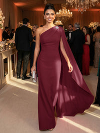 One Shoulder Sheath Chiffon Drape Floor-Length Evening Dresses with Appliques