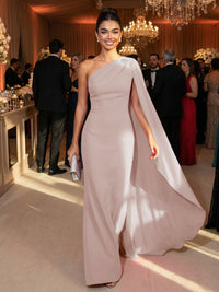 One Shoulder Sheath Chiffon Drape Floor-Length Evening Dresses with Appliques