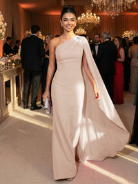 One Shoulder Sheath Chiffon Drape Floor-Length Evening Dresses with Appliques