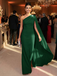 One Shoulder Sheath Chiffon Drape Floor-Length Evening Dresses with Appliques