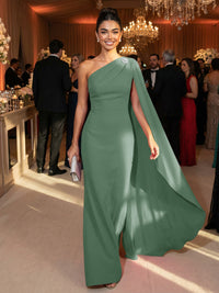 One Shoulder Sheath Chiffon Drape Floor-Length Evening Dresses with Appliques