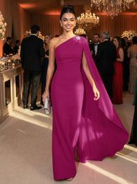 One Shoulder Sheath Chiffon Drape Floor-Length Evening Dresses with Appliques
