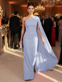 One Shoulder Sheath Chiffon Drape Floor-Length Evening Dresses with Appliques