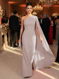 One Shoulder Sheath Chiffon Drape Floor-Length Evening Dresses with Appliques