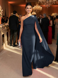 One Shoulder Sheath Chiffon Drape Floor-Length Evening Dresses with Appliques