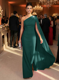 One Shoulder Sheath Chiffon Drape Floor-Length Evening Dresses with Appliques