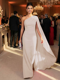 One Shoulder Sheath Chiffon Drape Floor-Length Evening Dresses with Appliques