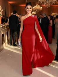 One Shoulder Sheath Chiffon Drape Floor-Length Evening Dresses with Appliques