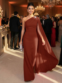 One Shoulder Sheath Chiffon Drape Floor-Length Evening Dresses with Appliques
