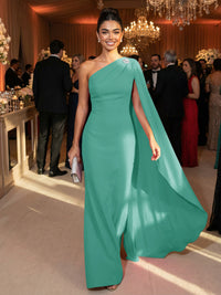 One Shoulder Sheath Chiffon Drape Floor-Length Evening Dresses with Appliques