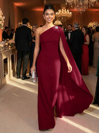 One Shoulder Sheath Chiffon Drape Floor-Length Evening Dresses with Appliques