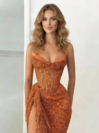 Ruffle Asymmetrical Neck Sheath Floor-Length Evening Dresses with Sequin