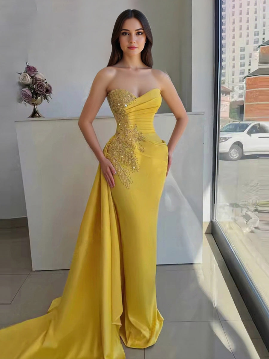 Sequin & Satin Sweetheart Sheath Floor-Length Evening Dresses with Train