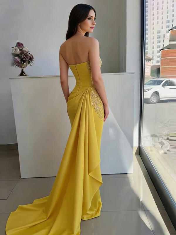 Sequin & Satin Sweetheart Sheath Floor-Length Evening Dresses with Train