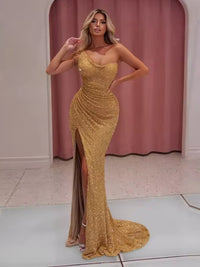 Sequin Asymmetrical Neck Sheath Floor-Length Evening Dresses