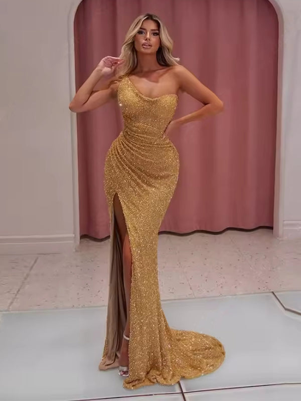 Sequin Asymmetrical Neck Sheath Floor-Length Evening Dresses