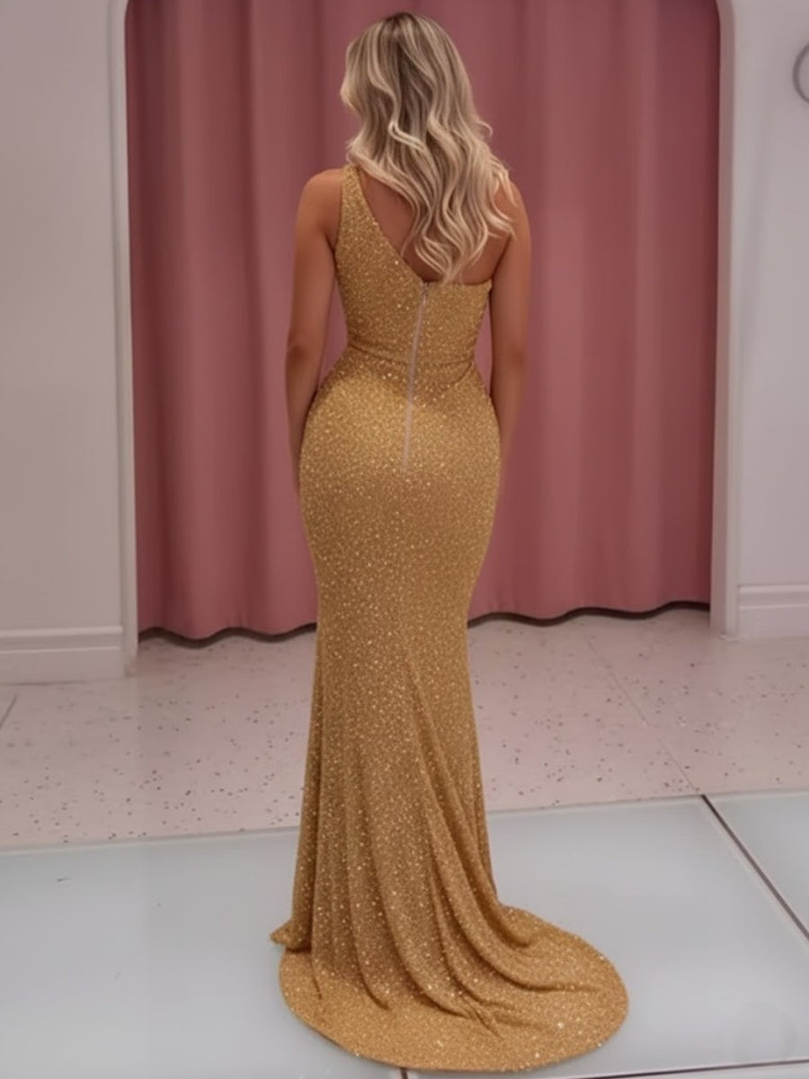 Sequin Asymmetrical Neck Sheath Floor-Length Evening Dresses