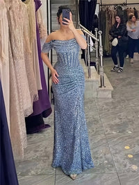 Off-Shoulder Cowl Neck Sheath Floor-Length Sequin Evening Dresses