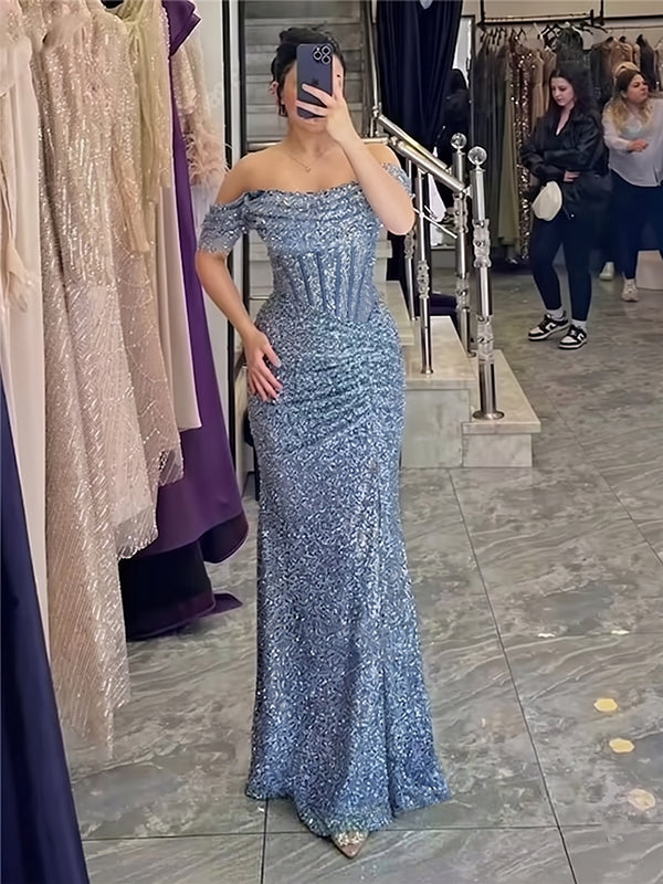 Off-Shoulder Cowl Neck Sheath Floor-Length Sequin Evening Dresses