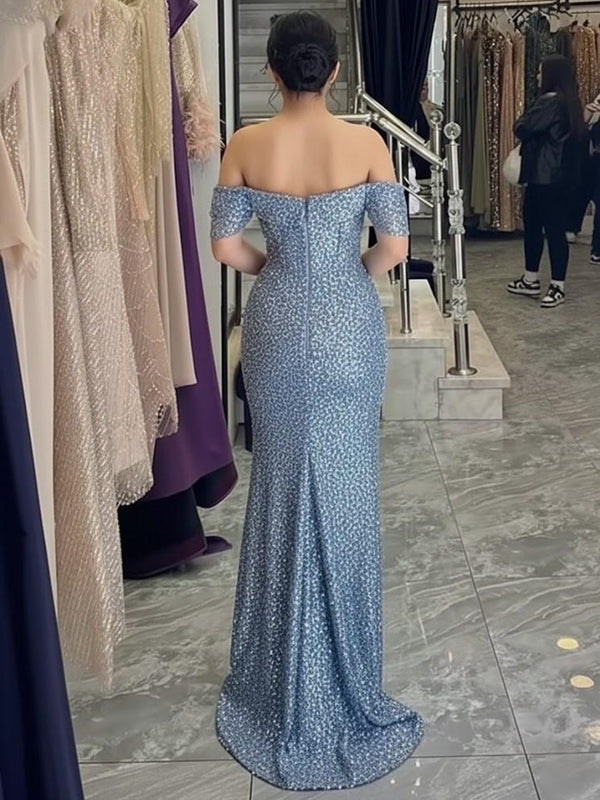 Off-Shoulder Cowl Neck Sheath Floor-Length Sequin Evening Dresses