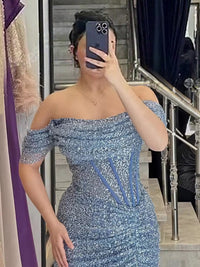 Off-Shoulder Cowl Neck Sheath Floor-Length Sequin Evening Dresses