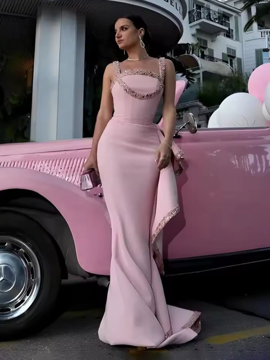 Spaghetti Strap Mermaid Floor-Length Satin Evening Dresses with Ruffle