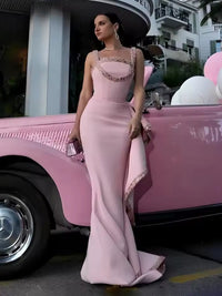 Spaghetti Strap Mermaid Floor-Length Satin Evening Dresses with Ruffle