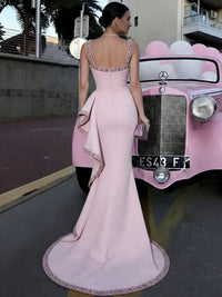 Spaghetti Strap Mermaid Floor-Length Satin Evening Dresses with Ruffle