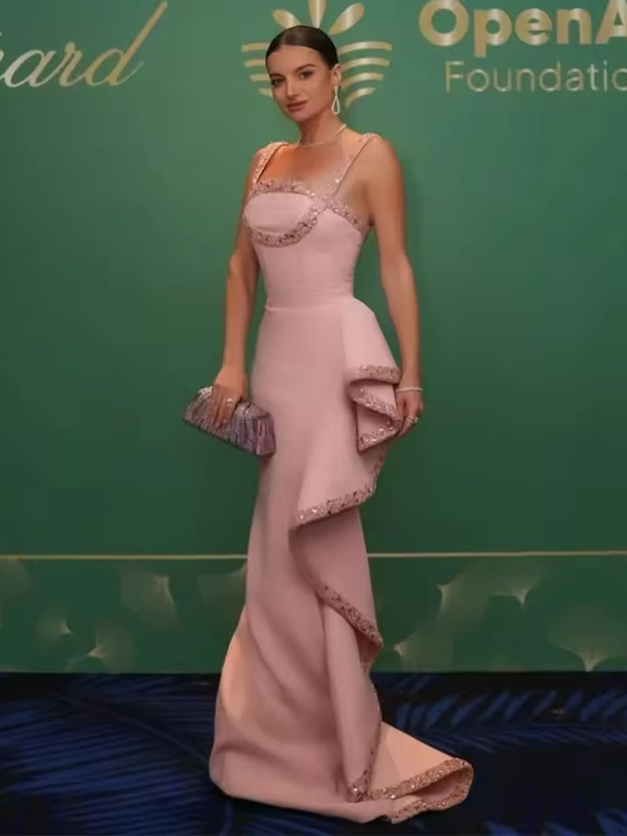 Spaghetti Strap Mermaid Floor-Length Satin Evening Dresses with Ruffle