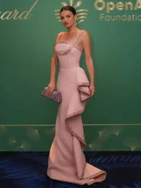 Spaghetti Strap Mermaid Floor-Length Satin Evening Dresses with Ruffle