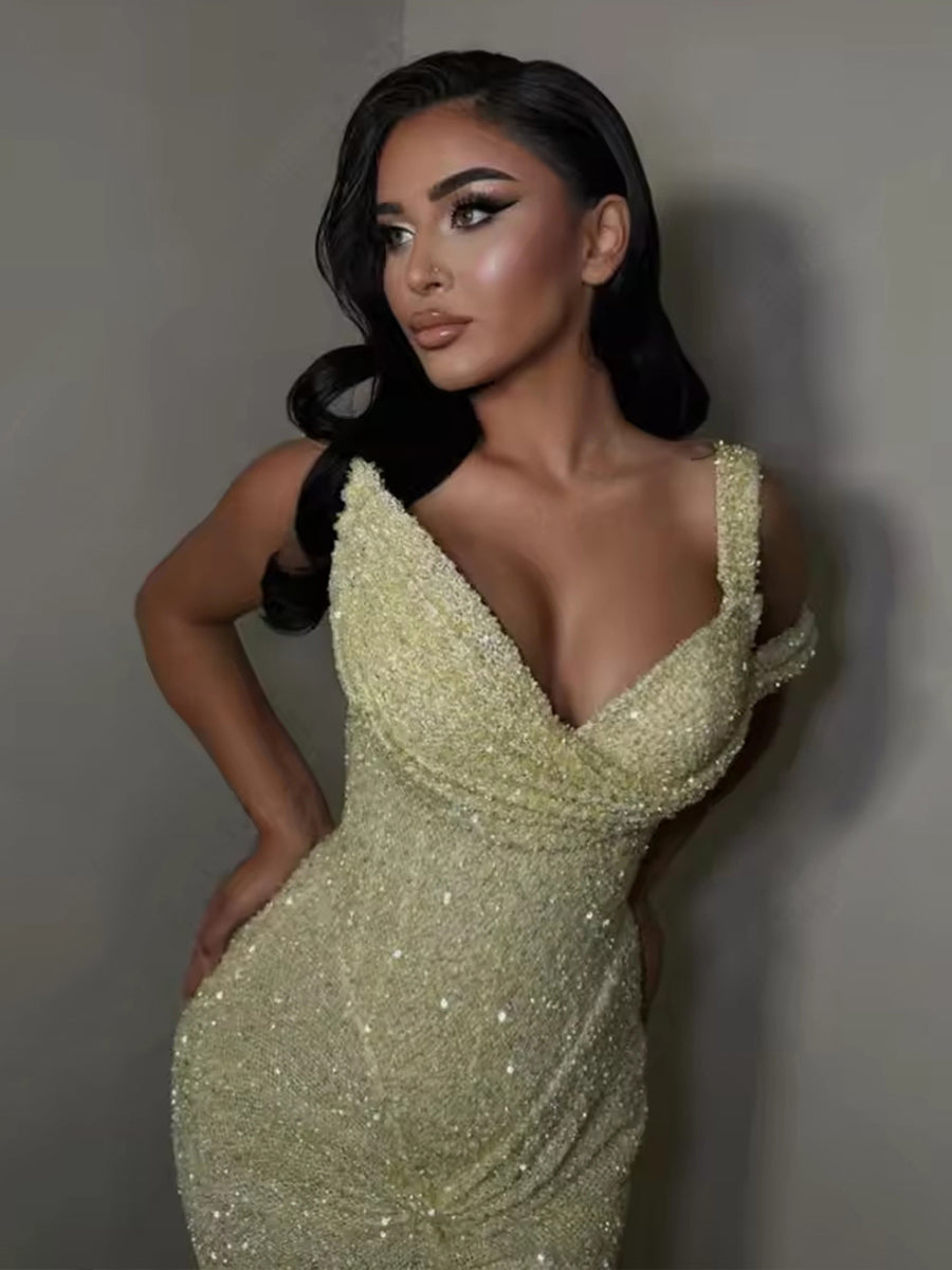 Sequin Asymmetrical Neck Mermaid Floor-Length Evening Dresses
