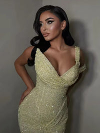 Sequin Asymmetrical Neck Mermaid Floor-Length Evening Dresses
