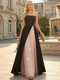 Sparkly Tulle & Satin Strapless A-Line Floor-Length Evening Dresses