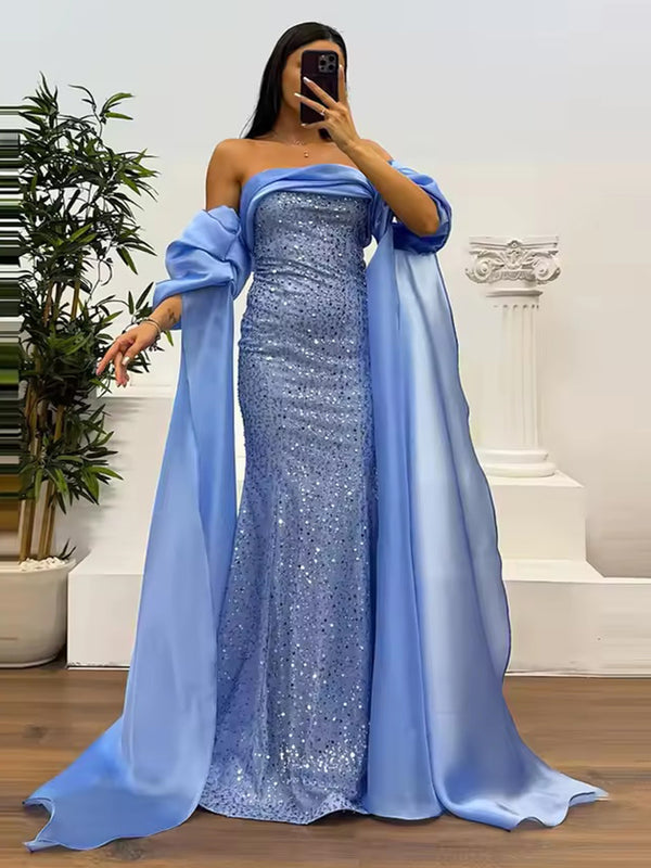 Sparkly Tulle Strapless Mermaid Floor-Length Evening Dresses with Drape