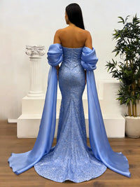 Sparkly Tulle Strapless Mermaid Floor-Length Evening Dresses with Drape