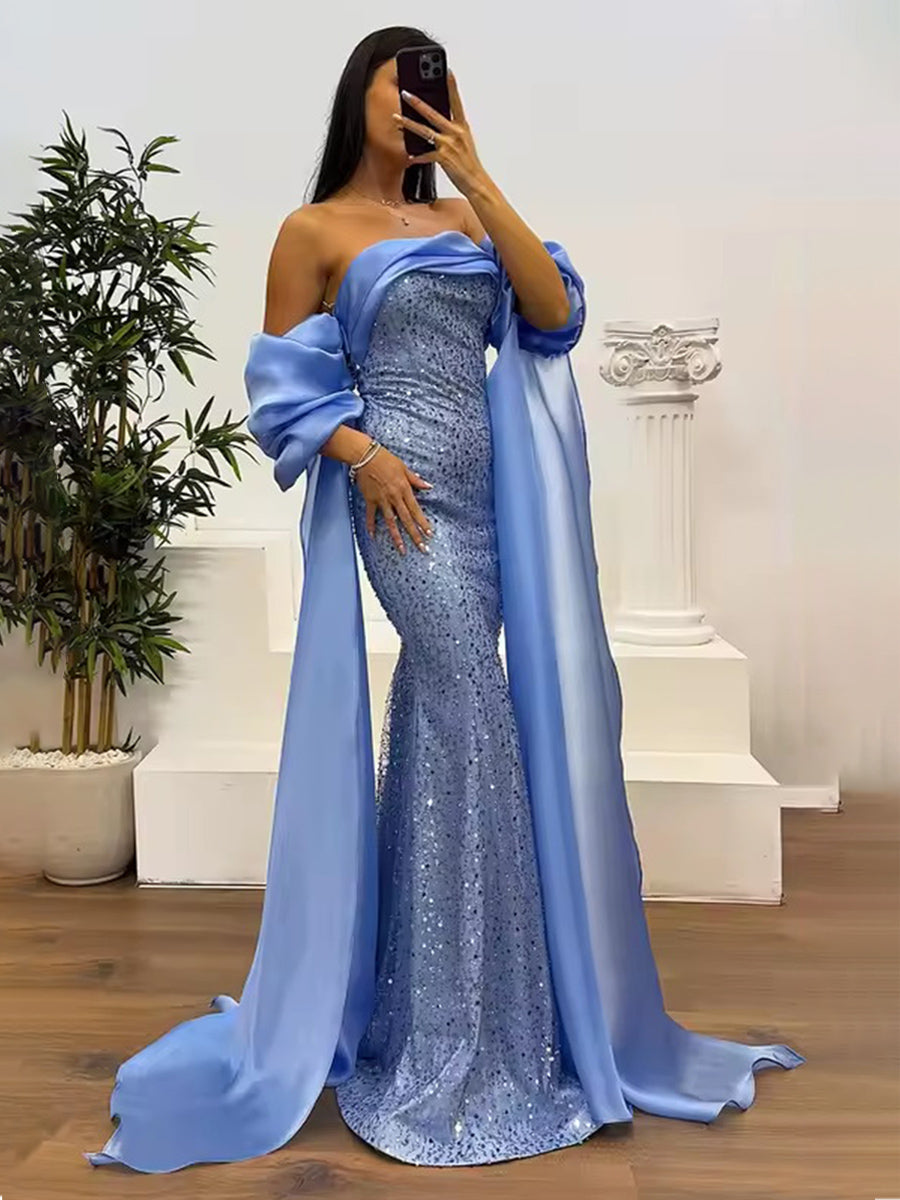 Sparkly Tulle Strapless Mermaid Floor-Length Evening Dresses with Drape