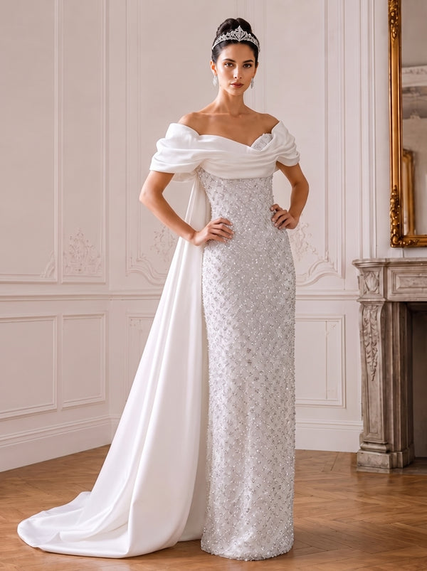 Shirees Lilac Mermaid Off Shoulder Asymmetrical Sleeve Sequin Floor-Length Evening Formal Dresses with Bow 2026