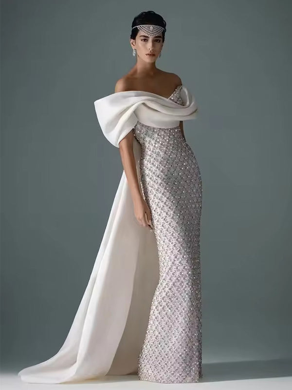 Mermaid Off Shoulder Asymmetrical Sleeve Sequin Floor-Length Evening Dresses with Bow