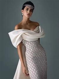 Mermaid Off Shoulder Asymmetrical Sleeve Sequin Floor-Length Evening Dresses with Bow