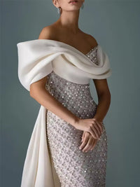Mermaid Off Shoulder Asymmetrical Sleeve Sequin Floor-Length Evening Dresses with Bow