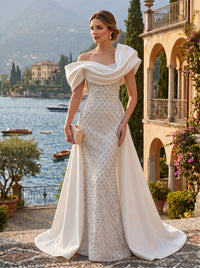Mermaid Off Shoulder Asymmetrical Sleeve Sequin Floor-Length Evening Dresses with Bow