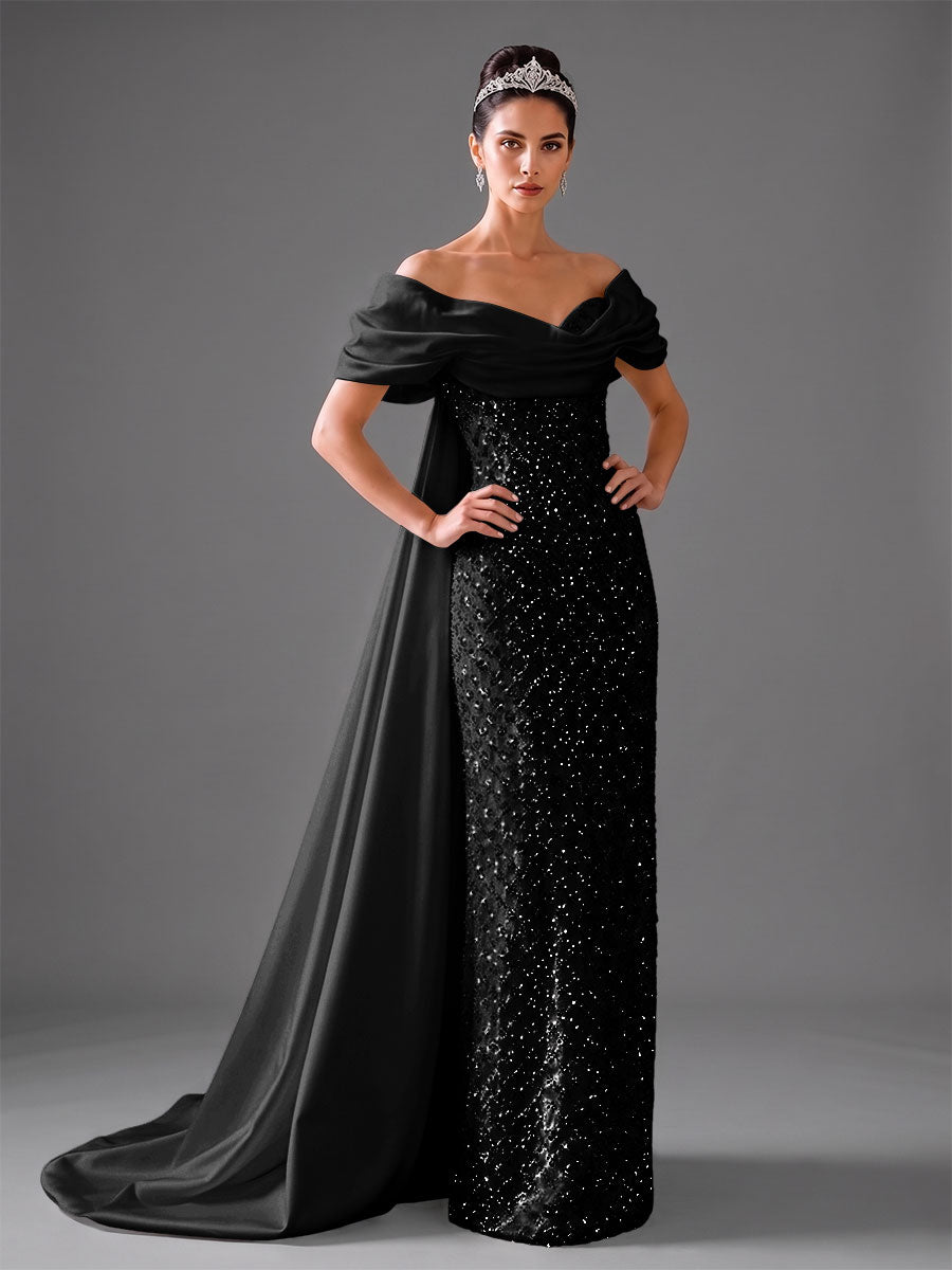 Shirees Black Mermaid Off Shoulder Asymmetrical Sleeve Sequin Floor-Length Evening Formal Dresses with Bow 2026