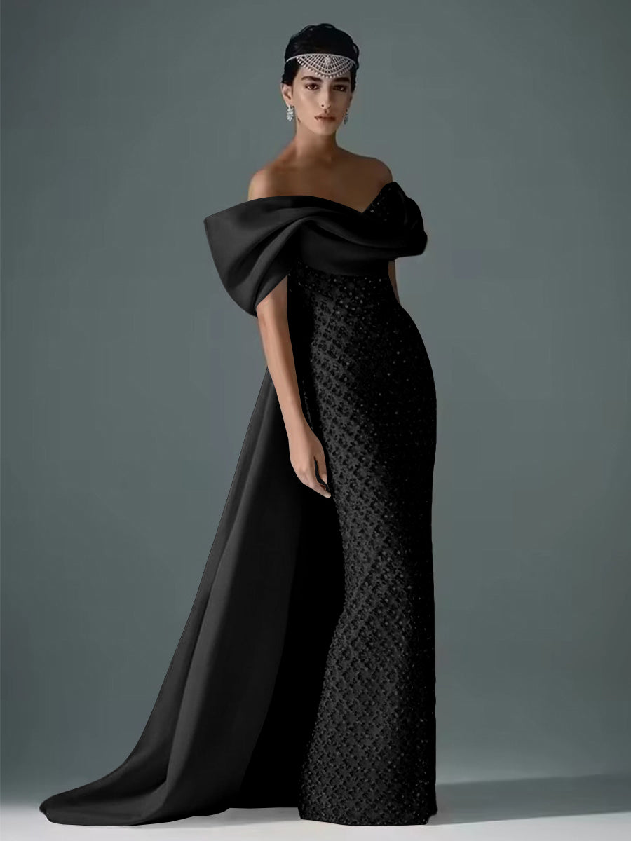 Mermaid Off Shoulder Asymmetrical Sleeve Sequin Floor-Length Evening Dresses with Bow