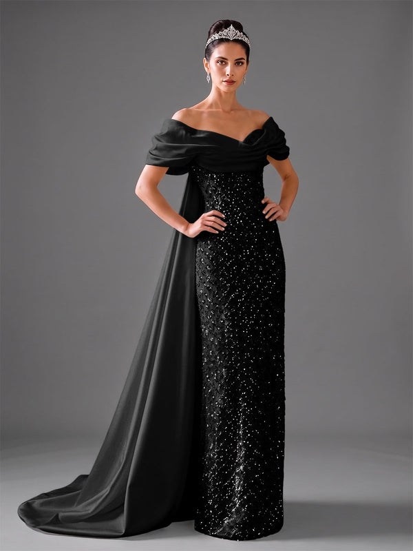 Mermaid Off Shoulder Asymmetrical Sleeve Sequin Floor-Length Evening Dresses with Bow