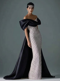Mermaid Off Shoulder Asymmetrical Sleeve Sequin Floor-Length Evening Dresses with Bow
