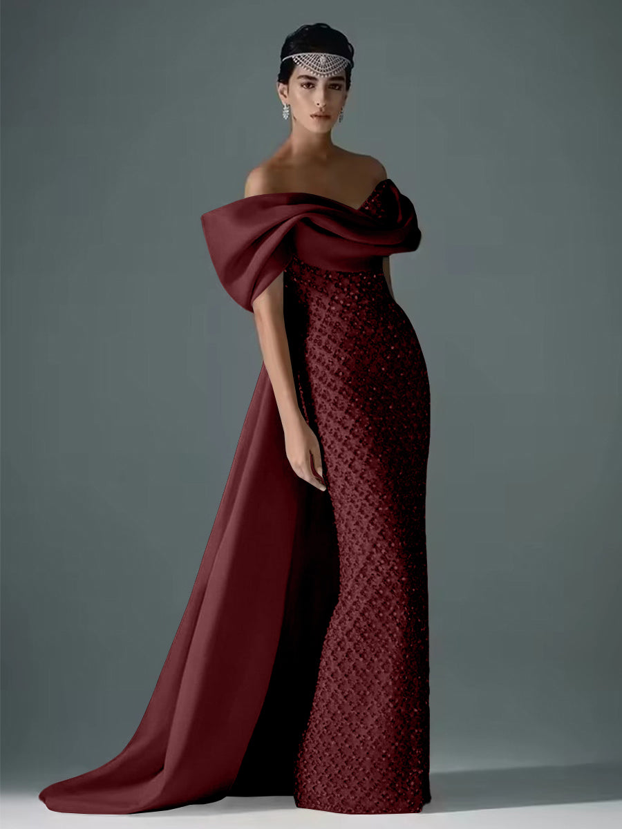 Mermaid Off Shoulder Asymmetrical Sleeve Sequin Floor-Length Evening Dresses with Bow